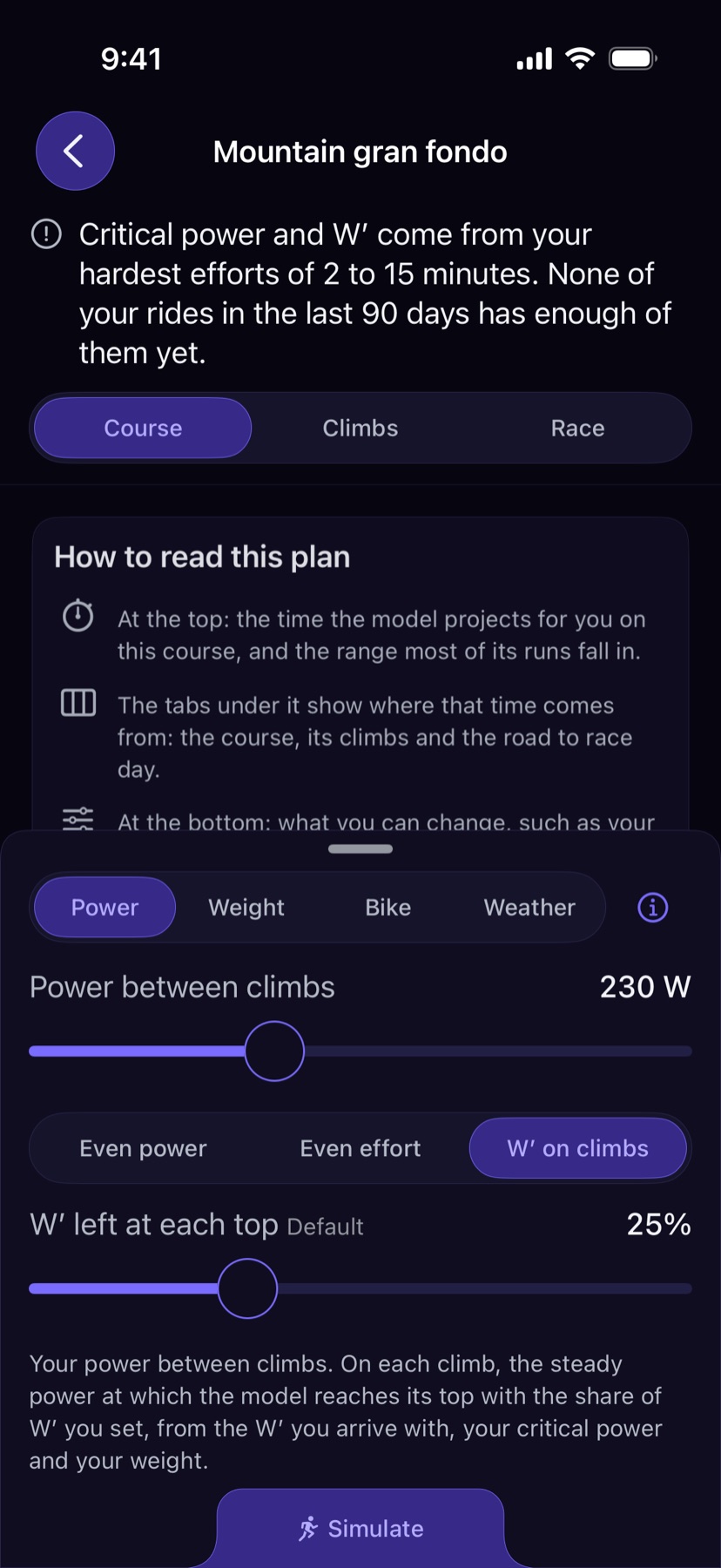 Simulate: a race plan with power, weight, bike and weather
