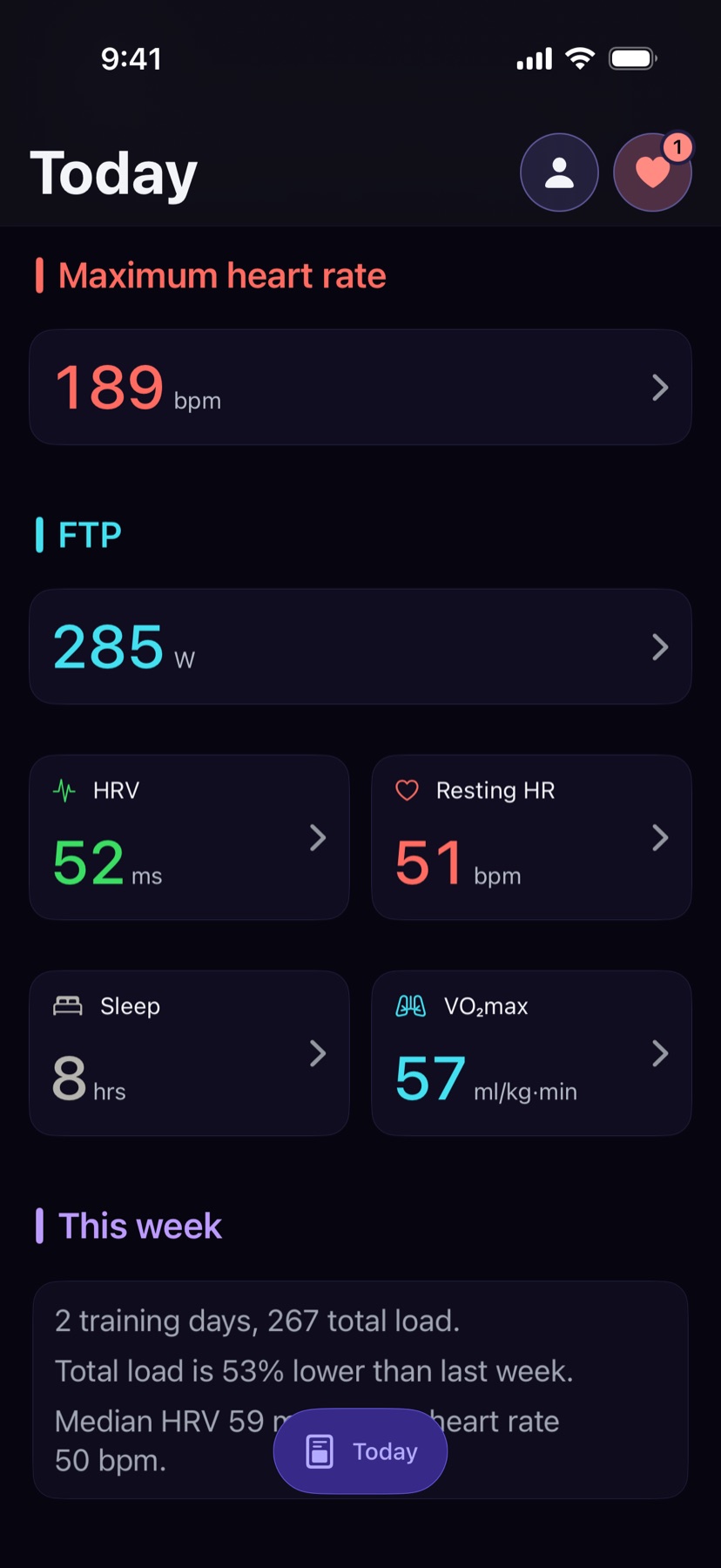 Today: HRV, resting heart rate, sleep and VO₂ max